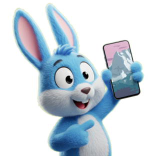 KI-generiertes Handyhase-Maskottchen Hasi mit Smartphone