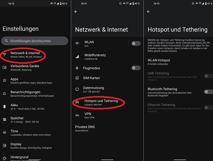 Tethering-Menü in Android finden