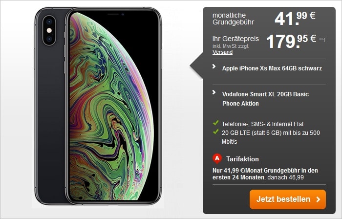Apple iPhone Xs Max mit Vodafone Smart XL mi 20 GB LTE bei handyflash