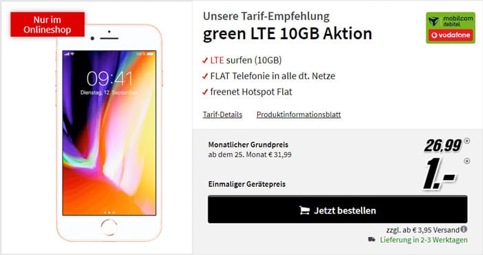 iPhone 8 + mobilcom-debitel green LTE (Vodafone-Netz) bei MediaMarkt