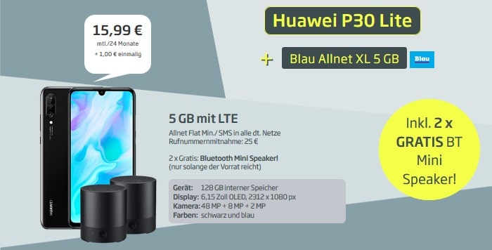 Huawei P30 Lite + zwei Speaker + Blau Allnet XL 5 GB bei Curved