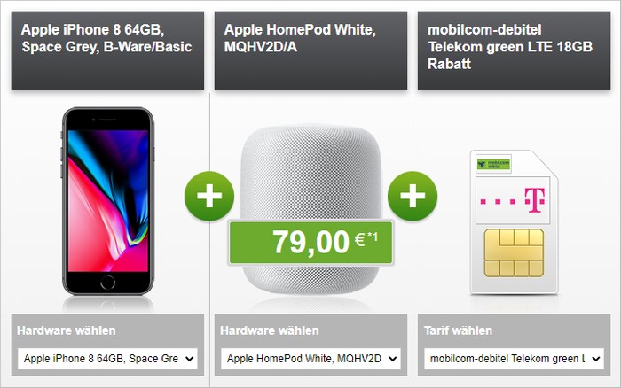 iPhone 8 (B-Ware) + Apple HomePod + mobilcom-debitel green LTE (Telekom-Netz) bei modeo