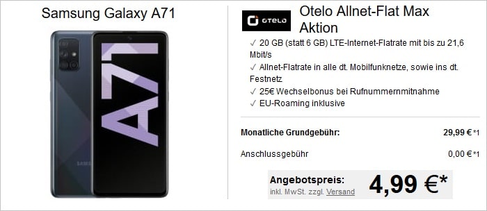 Otelo Allnet-Flat Max mit Samsung Galaxy A71 bei LogiTel