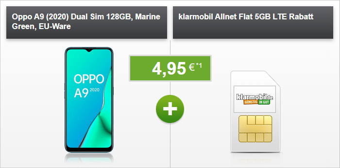 Oppo A9 (2020) + klarmobil Allnet Flat 5 GB LTE (Vodafone-Netz) bei modeo