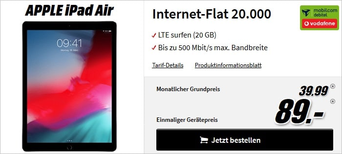 Apple iPad Air 2019 mit md Vodafone Internet-Flat 20000 bei MediaMarkt