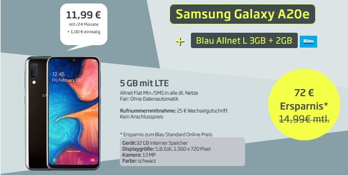 Samsung Galaxy A20e + Blau Allnet L (3+2GB) bei curved