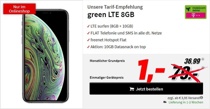 iPhone Xs (256 GB) + mobilcom-debitel green LTE (Telekom-Netz) bei MediaMarkt