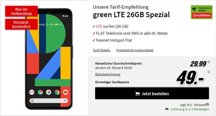 Google Pixel 4 XL + mobilcom-debitel green LTE (Vodafone-Netz) bei MediaMarkt