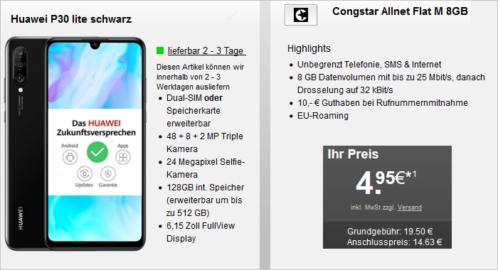 Huawei P30 Lite mit congstar Allnet Flat M 8 GB LTE bei Handyflash