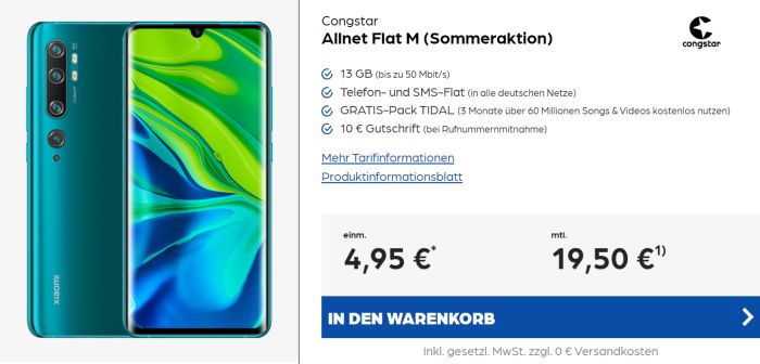 Xiaomi Mi Note 10 + congstar Allnet Flat M Aktion bei Preisboerse24