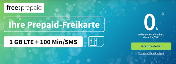 free Prepaid Freikarte: Neuen Handytarif 4 Wochen gratis testen - 1 GB LTE + 100 Min/SMS