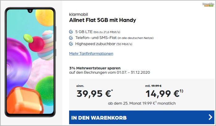 Samsung Galaxy A41 + klarmobil Allnet Flat (Vodafone-Netz) bei Preisbörse24