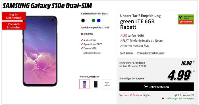 Samsung Galaxy S10 mit green LTE Vodafone-Netz von mobilcom-debitel