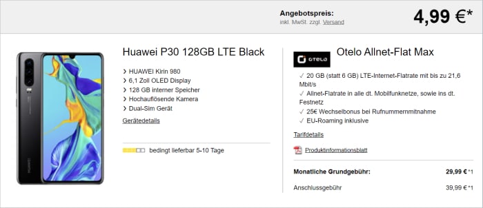 Huawei P30 mit otelo Allnet-Flat Max (Logitel)