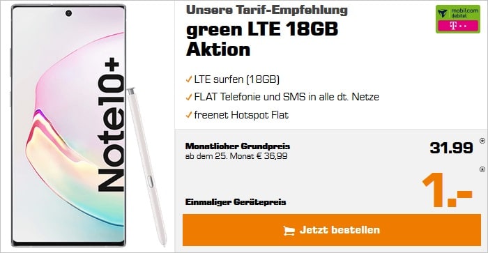 Samsung Galaxy Note 10 Plus mit green LTE 18 GB im Telekom-Netz bei Saturn