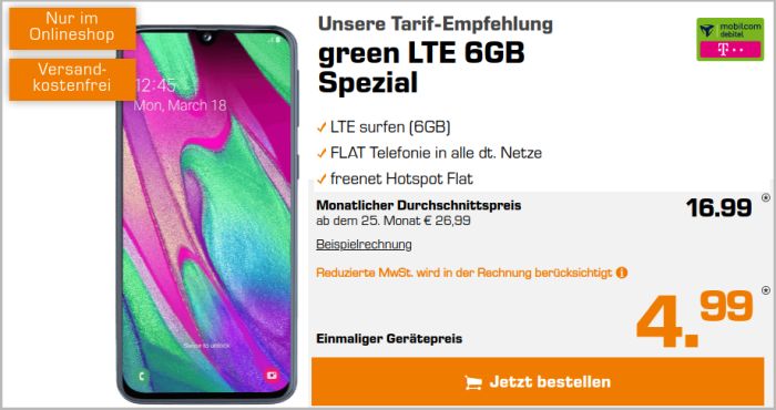 Samsung Galaxy A40 mit green LTE 6 GB im Telekom-Netz bei Saturn