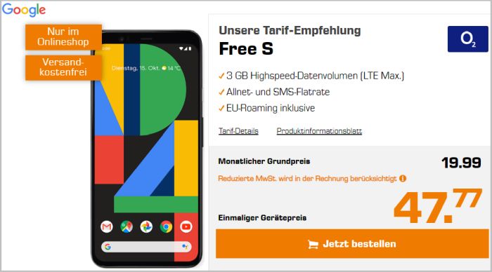 Google Pixel 4 + o2 Free S bei Saturn