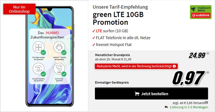 Huawei P30 + mobilcom-debitel green LTE (Vodafone-Netz) bei MediaMarkt