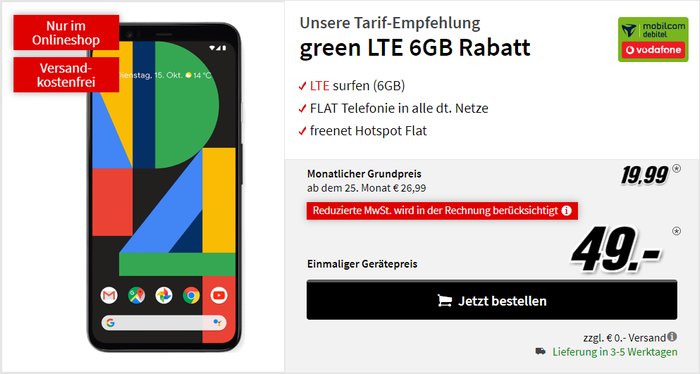 Google Pixel 4 + mobilcom-debitel green LTE (Vodafone-Netz) bei MediaMarkt