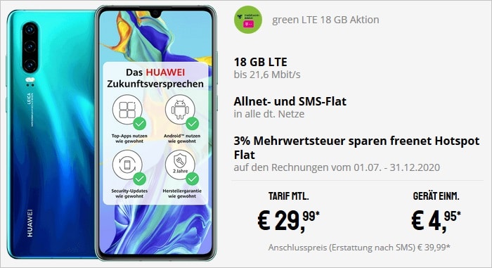 Huawei P30 mit Vertrag green LTE 18 GB im Telekom-Netz bei Sparhandy