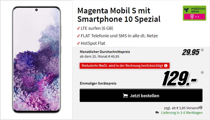 Samsung Galaxy S20 + mobilcom-debitel Magenta Mobil S (Telekom-Netz) bei MediaMarkt