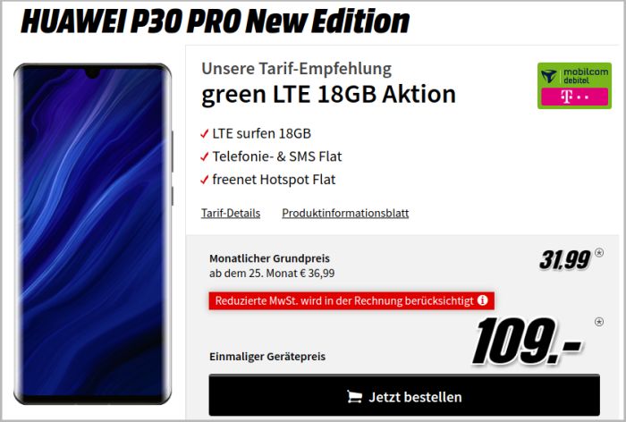 Huawei P30 Pro New Edition mit mobilcom-debitel green LTE 18 GB im Telekom-Netz bei MediaMarkt