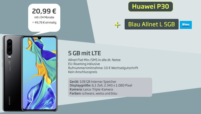 Huawei P30 mit BLau Allnet L und 5 GB LTE bei curved