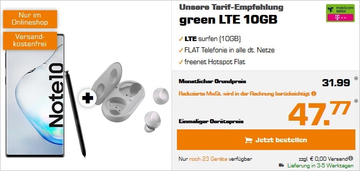 Samsung Galaxy Note 10 mit Galaxy Buds zum green LTE im Telekom-Netz bei Saturn