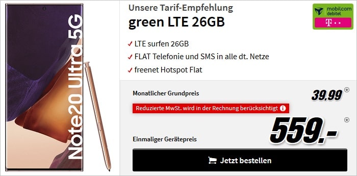 Samsung Galaxy Note 20 Ultra zum md green LTE 26 GB im Telekom-Netz bei MediaMarkt
