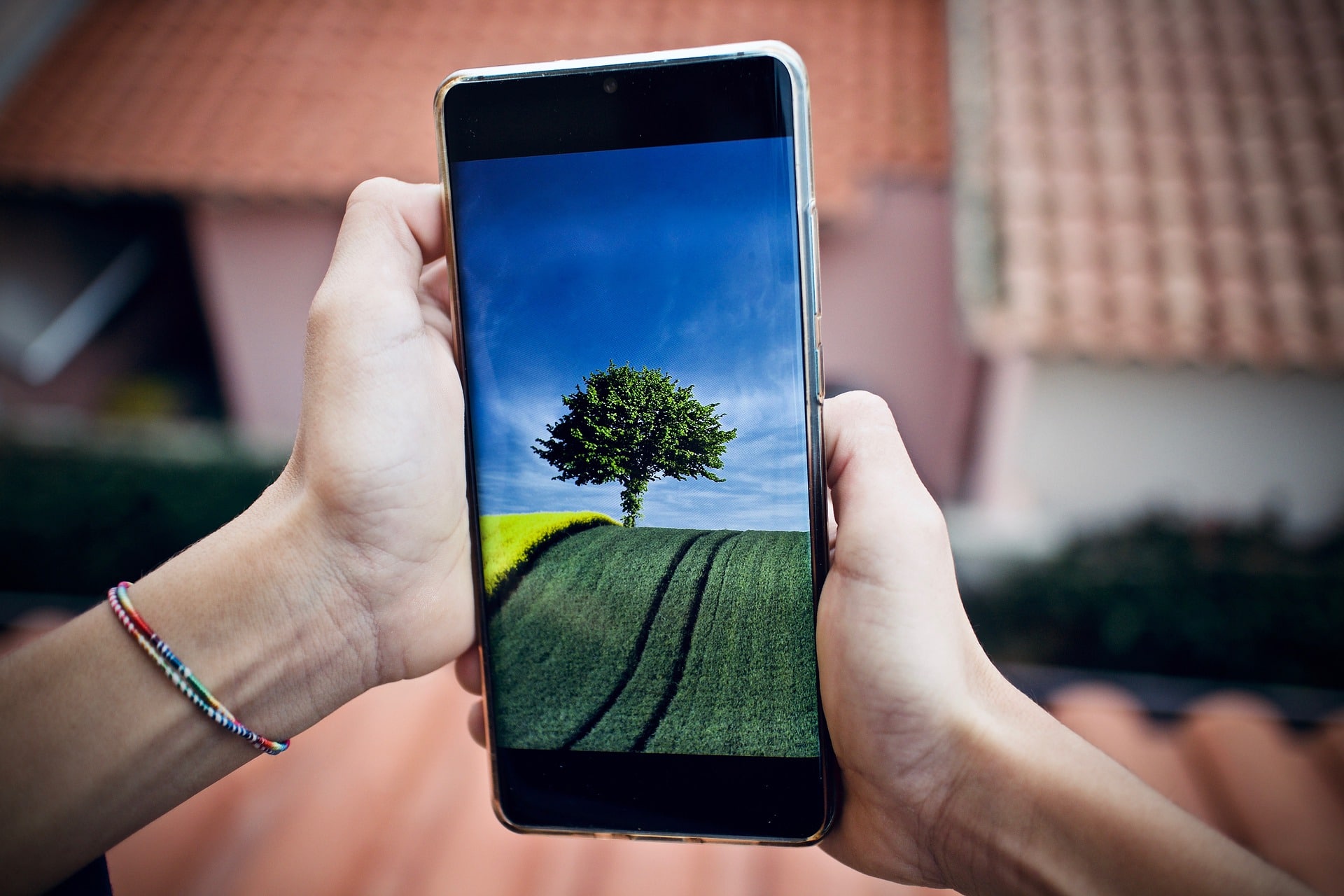 Smartphone in zwei Händen mit Feld und Baum