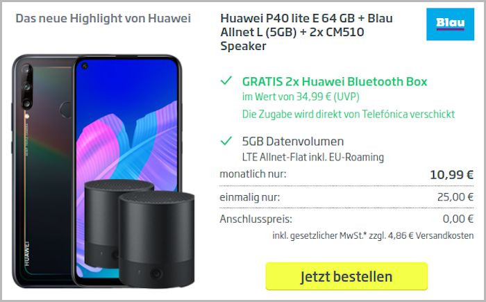 Huawei P40 Lite mit Blau-Vertrag und zwei Lautsprechern