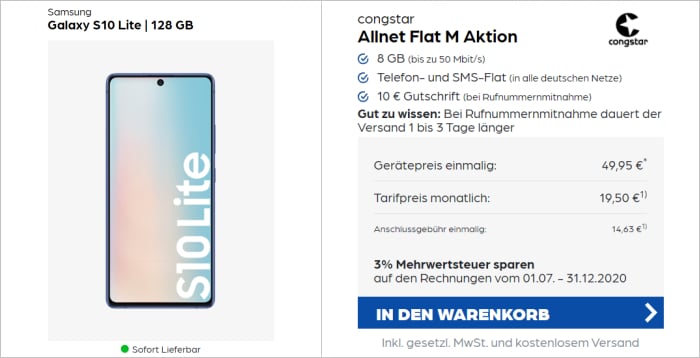 Samsung Galaxy S10 Lite zur Congstar Allnet Flat M bei pb24