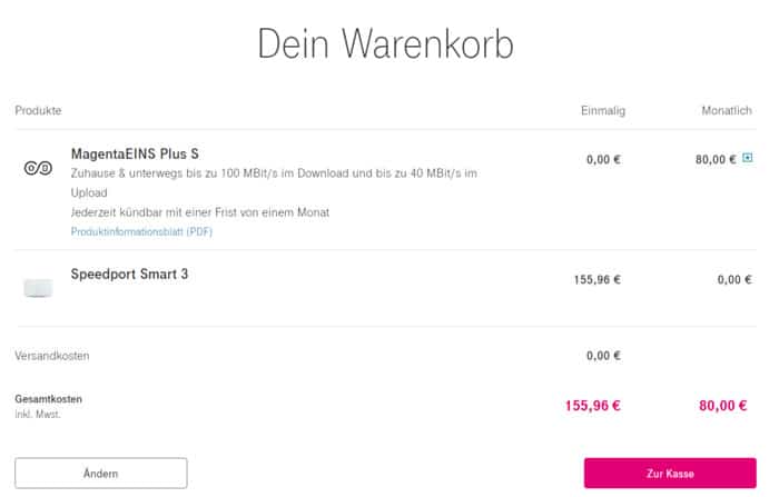 Telekom MagentaEINS Plus Warenkorb und die darin aufgeführten Kosten