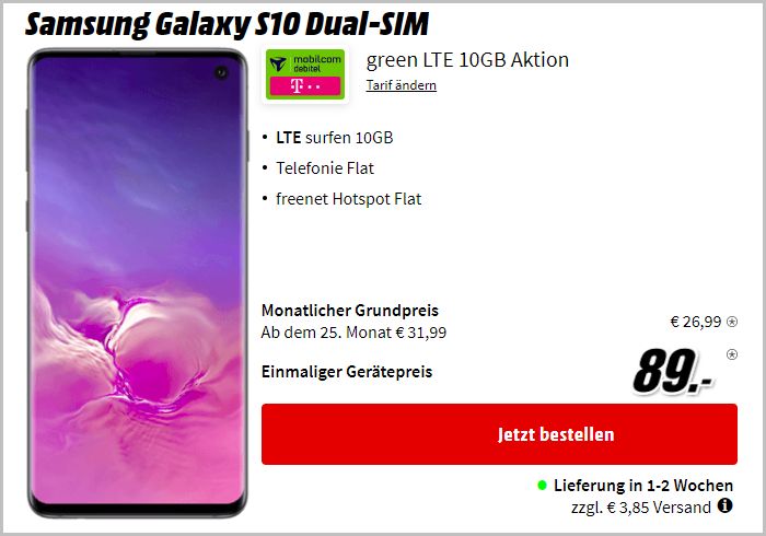 Samsung Galaxy S10 + mobilcom-debitel green LTE (Telekom-Netz) bei MediaMarkt