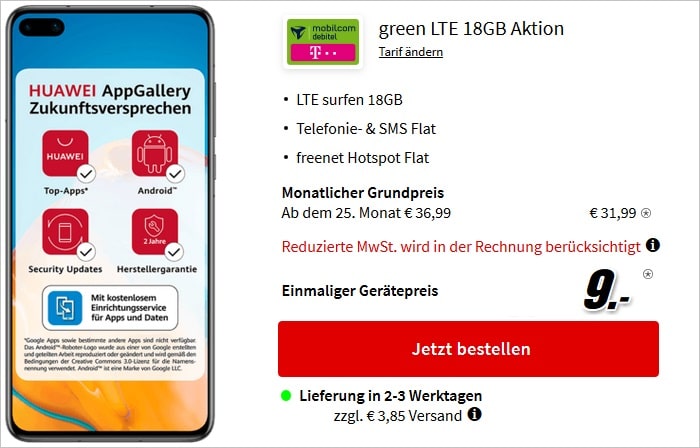 Huawei P40 mit mobilcom-debitel green LTE 18 GB im Telekom-Netz bei MediaMarkt