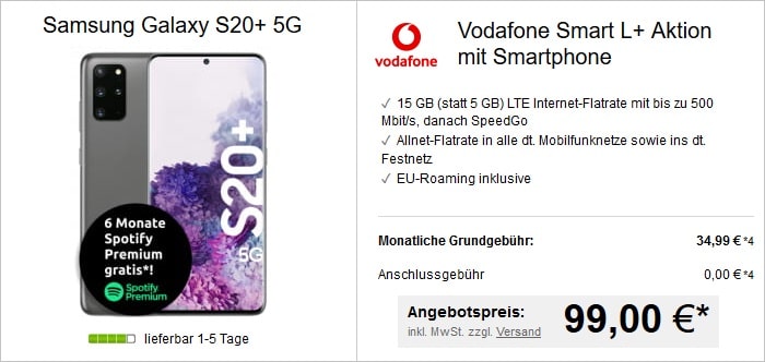 Samsung Galaxy S20 Plus 5G mit Vodafone Smart L Plus bei LogiTel