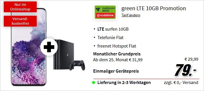 Samsung Galaxy S20 + PS4 Pro zum md green LTE 10 GB im Vodafone-Netz bei MediaMarkt