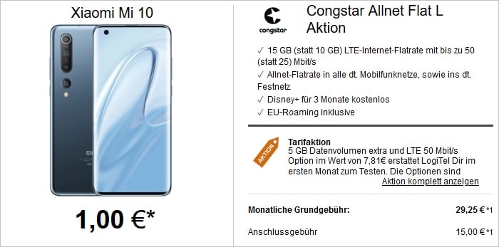 Xiaomi Mi 10 mit Congstar Allnet Flat L Aktion bei LogiTel