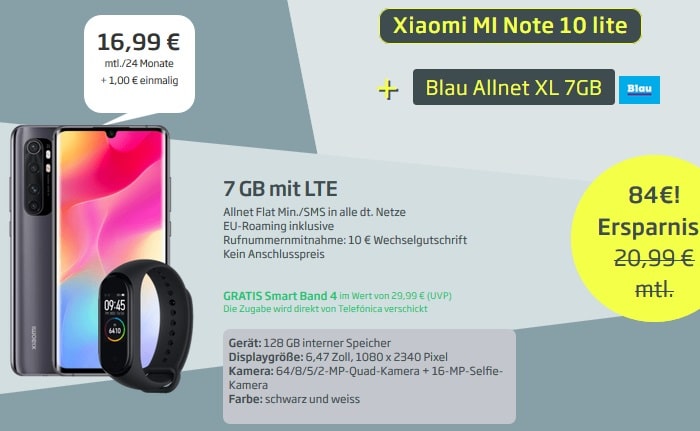 Xiaomi Mi Note 10 lite mit Fitnesstracker zum Blau Allnet XL mit 7 GB LTE bei Curved
