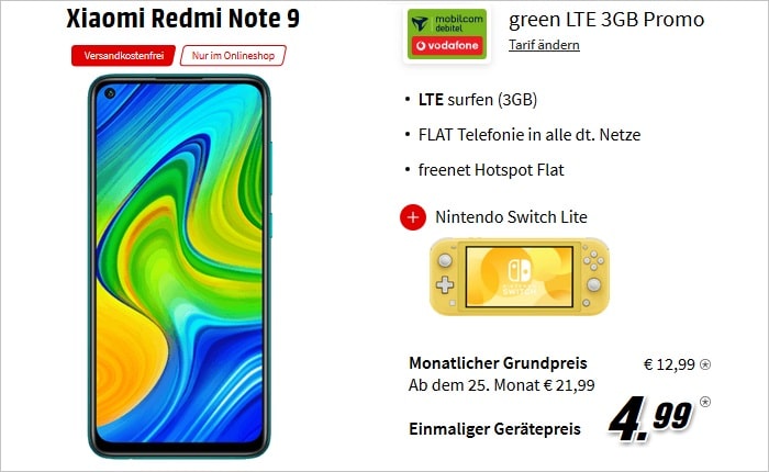 Xiaomi Redmi Note 9 mit Nintendo Switch Lite zum md green LTE 3 GB im Vodafone-Netz bei MediaMarkt