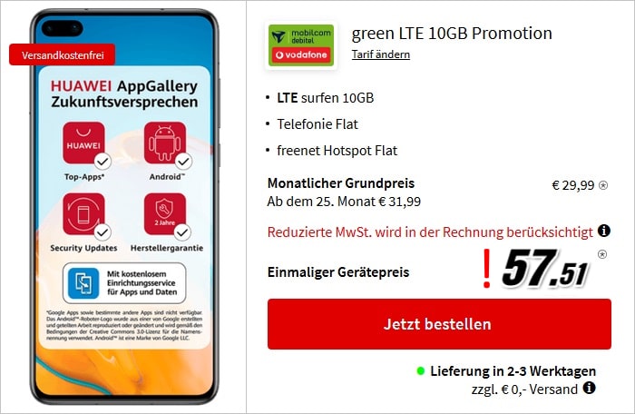 Huawei P40 mit green LTE 10 GB im Vodafone-Netz bei MediaMarkt