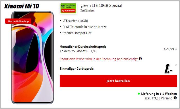 Xiaomi Mi 10 + mobilcom-debitel green LTE (Vodafone-Netz) bei Media Markt