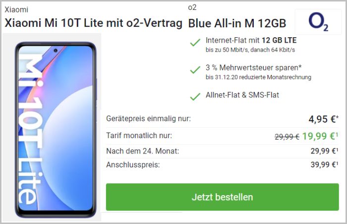 Xiaomi Mi 10T Lite mit Vertrag o2 Blue All-in M bei DeinHandy