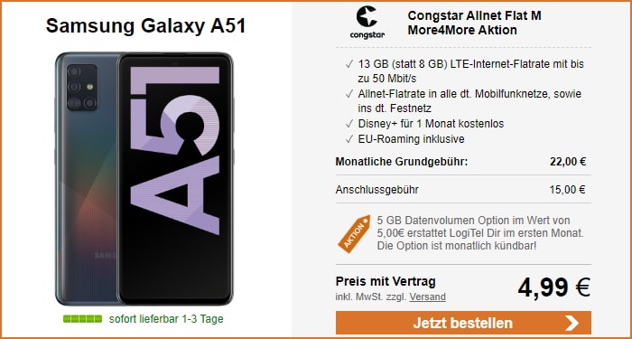 Samsung Galaxy A51 zur congstar Allnet Flat M bei LogiTel