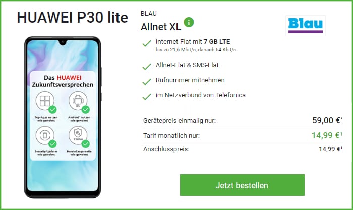 Huawei P30 lite mit Blau Allnet XL bei Deinhandy