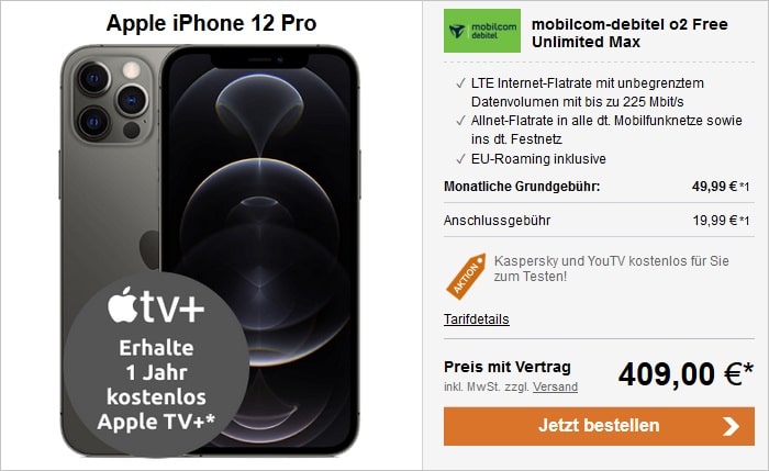 Apple iPhone 12 Pro 5G 128 GB Graphit mit mobilcom-debitel o2 Free Unlimited Max bei LogiTel