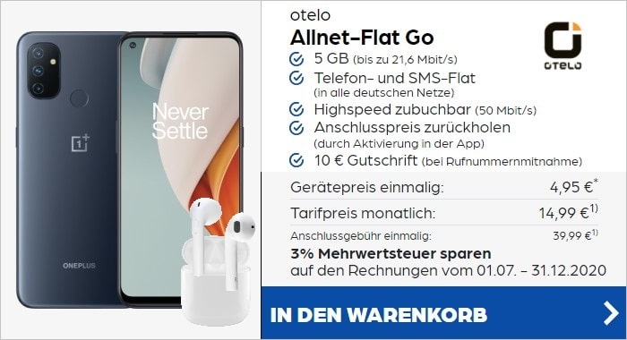 OnePlus Nord N100 mit otelo Allnet-Flat Go und gratis Kopfhörern