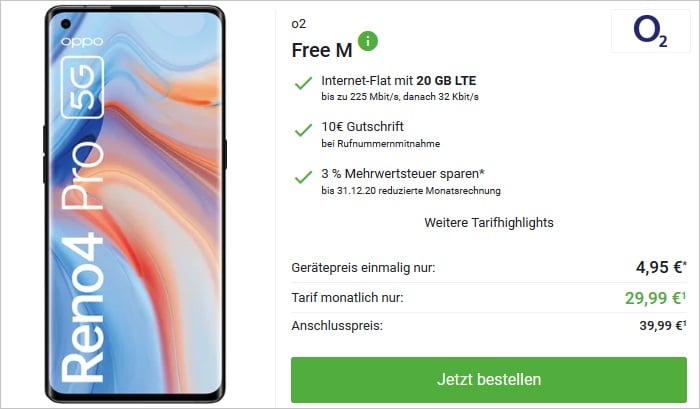 Oppo Reno4 Pro 5G mit o2 Free M bei DeinHandy