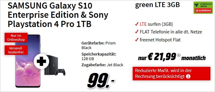Samsung Galaxy S10 Enterprise Edition mit Sony PS4 Pro zum green LTE 3GB im Vodafone-Netz bei MediaMarkt