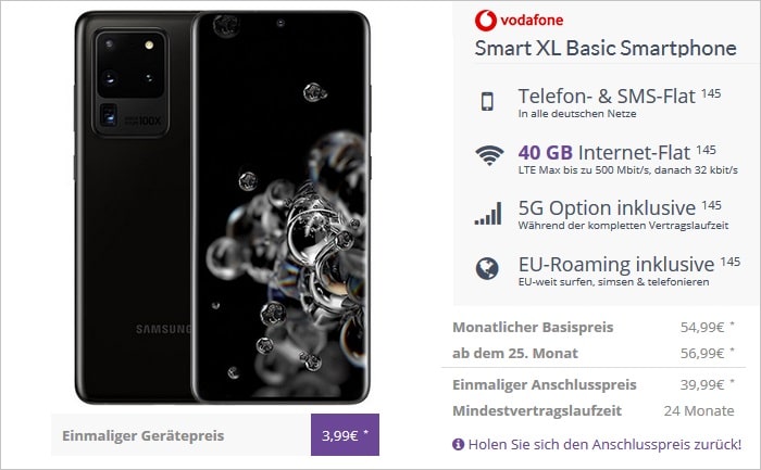 Samsung Galaxy S20 Ultra 5G mit Vodafone Smart XL 5G bei FLYmobile